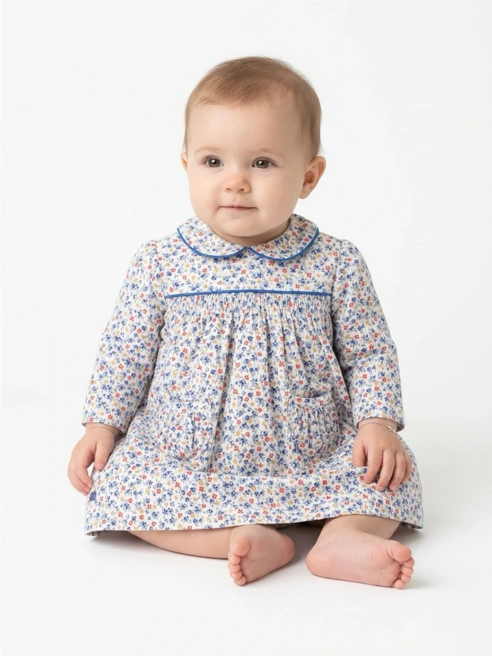 Ralph Lauren Baby Dress Smocked Peter Pan Collar Floral White Blue 6M